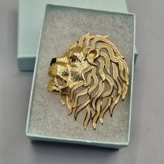 Vintage Sphinx Lion Head Brooch Gold Tone Enamel Rhinestone Eye Signed Jewelry