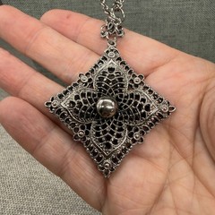 Vintage Celebrity Necklace Filigree Silver Tone Pendant Double Sided 31 Inches