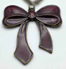 Vintage Bow Pendant Necklace Maroon Enamel French Coin Charm Layered 29 in