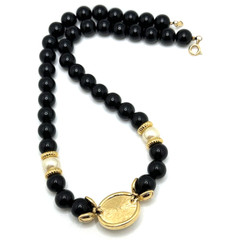 Vintage AVON Faux Pearl Pendant Necklace Black Beads Rhinestones Gold Tone 16″
