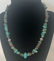 Vintage Turquoise Coral & Sterling Silver Bead Finishes Necklace 16-18” 34.4g