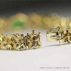 Vintage Burmese Jadeite Jade & Diamond Floral 14k Yellow Gold Bracelet w/ Papers