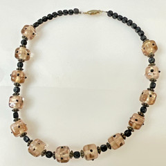 Vintage Art Glass Beaded Necklace Light Pink & Black Artisan Choker Length 14″
