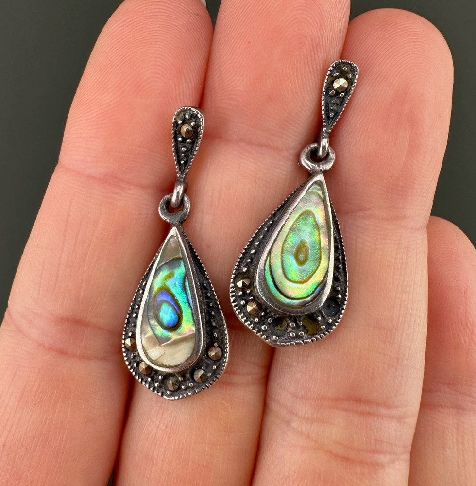 Vintage Earrings Sterling 925 Abalone Teardrop Dangle Pierced Marcasite READ