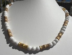 Vintage 18″ Hong Kong Goldtone Bamboo And Round White Bead Necklace Hook Clasp