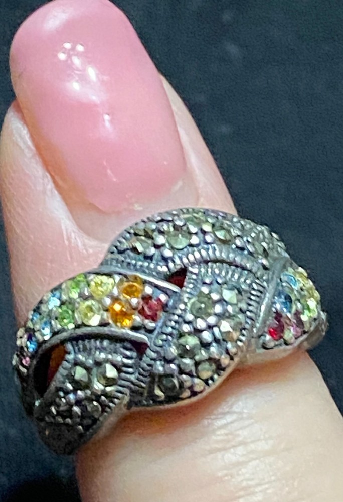 Vintage Rainbow Gemstone Braided Ring Citrine Ruby Aquamarine Peridot Hematite