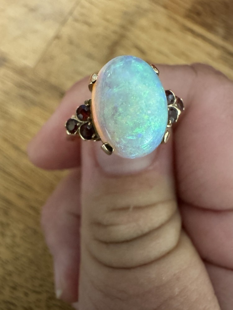 Vintage Large Natural Crystal Australian Opal & Ruby Ring 14K Size 8.75