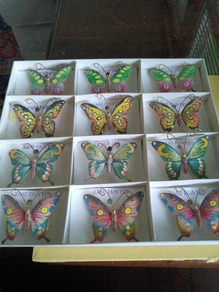 Vintage 1960’s New Old Stock Box Of 12 Metal Sugar Butterfly Pins Brooches MINT