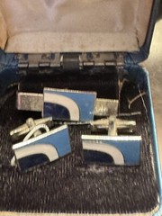 Vtg Matching Tie Bar & Cufflink Set Blue & White Enamel SilverTone W/ Box Retro
