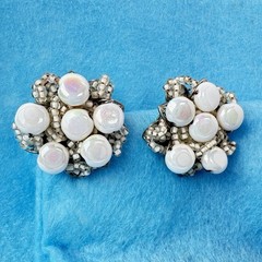 Alice Caviness VTG Clip On Earrings Faux Pearl Rhinestone Cluster Signed