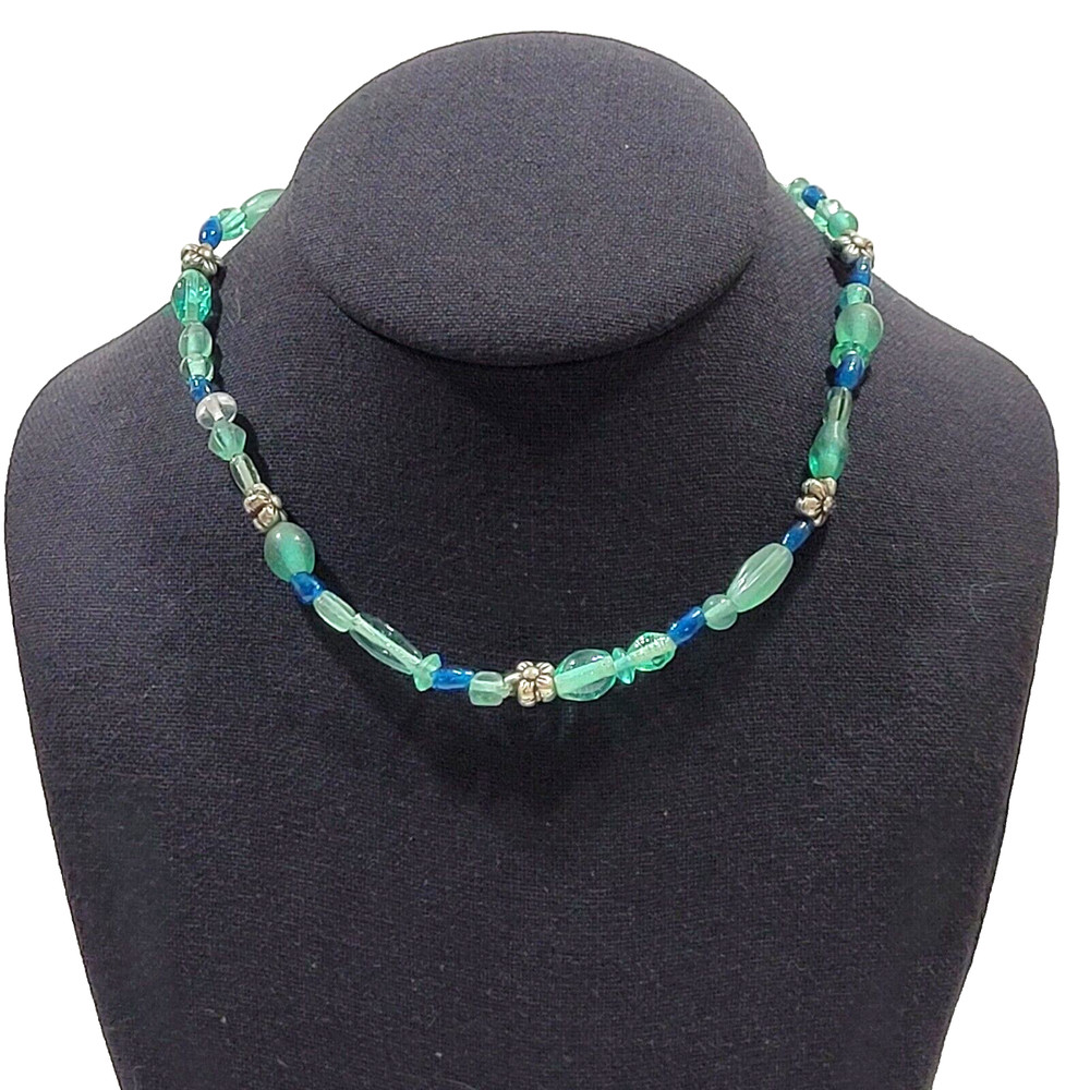 Artisan Ocean Blue Color Glass Beaded Choker Necklace Sea Colors 16 Inch