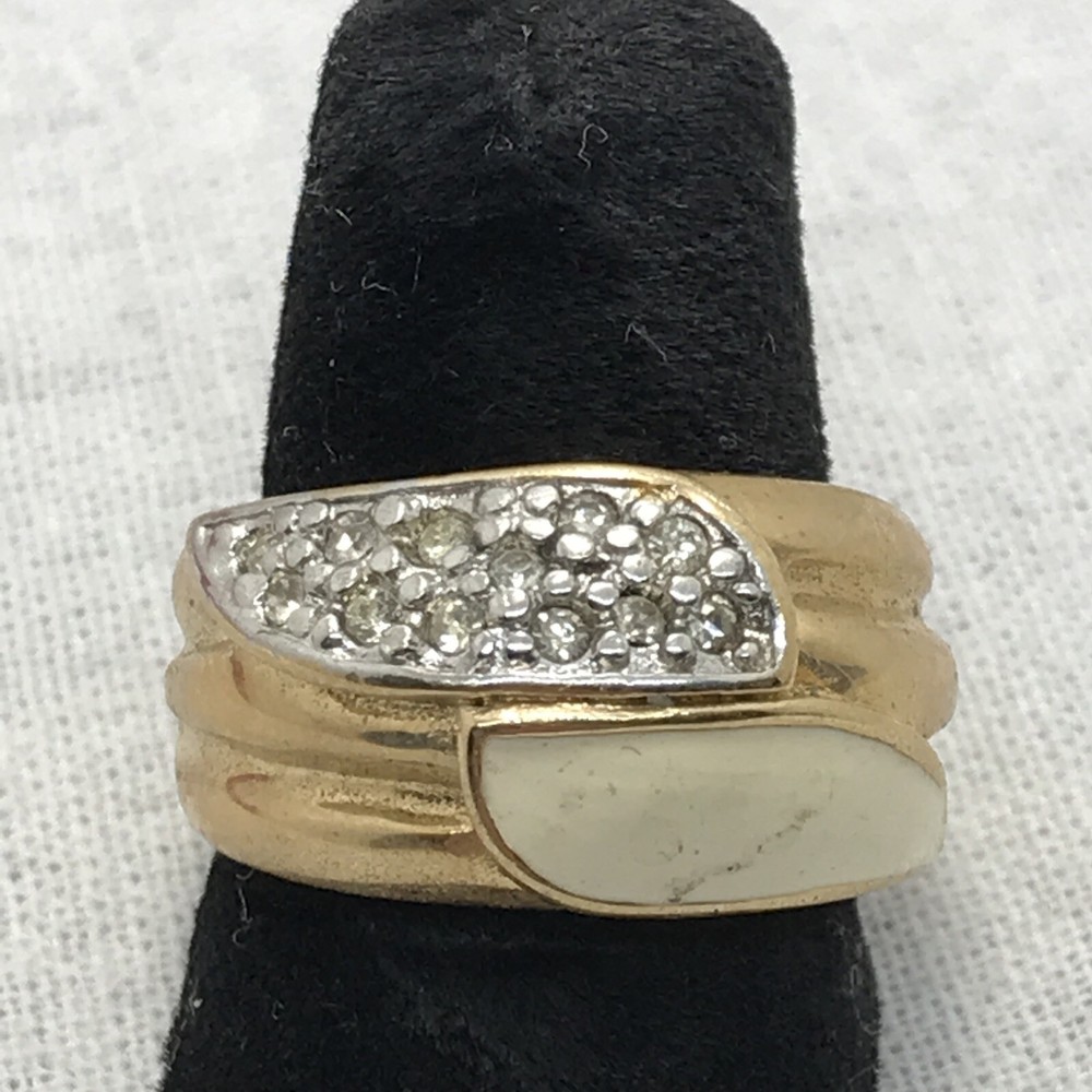 Vintage Signed 18K HGE Gold Plated Cream Enamel Rhinestone Ring varied sizes