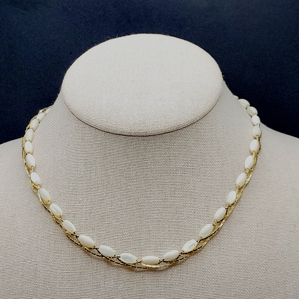 Choker Polished Rice Pearl Gold Tone Braided Chain Pearl Necklace Korea 16 Inch