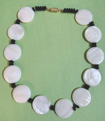 Vintage MOTHER OF PEARL Flat Disks & Black Crystal Beaded Choker Necklace