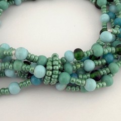 Vintage Multi 6 Strand Green Blue Glass Beads Necklace Bracelet Set Coastal Boho