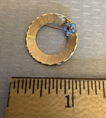 60s Retro 14K Brushed Gold Circle Pin Turquoise Ruby Flower Vintage Brooch 1″