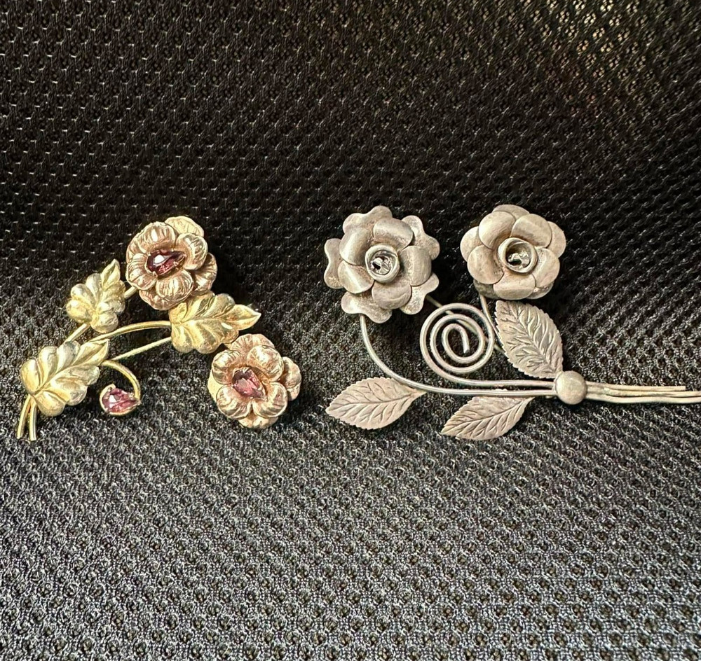 2 VTG Sterling Silver Flower Brooches. One W/ 12k Gold Filled And Glass Crystals