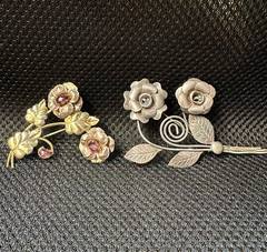 2 VTG Sterling Silver Flower Brooches. One W/ 12k Gold Filled And Glass Crystals