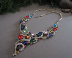Colorful Rhinestone Gold Tone Large Bib Statement Necklace