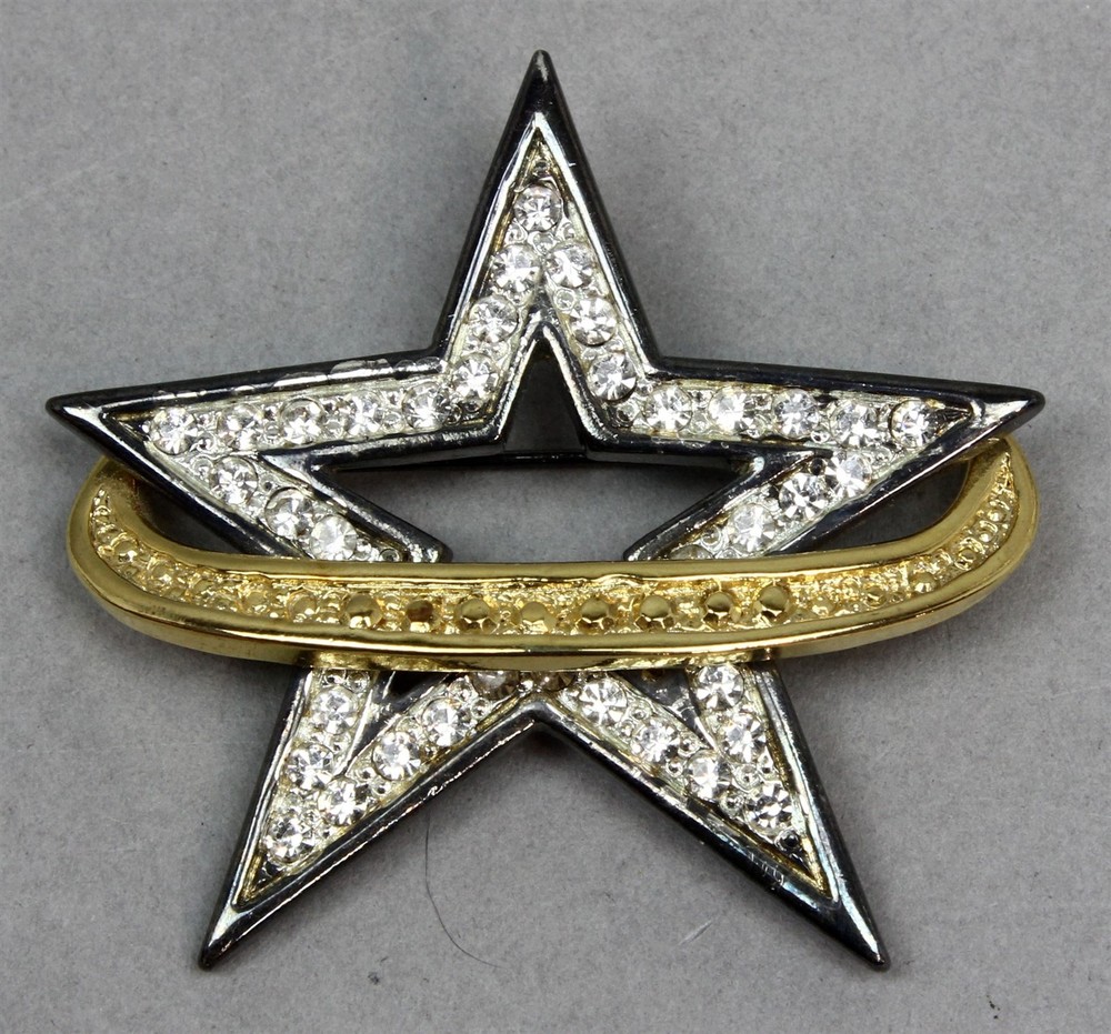 TONA Silver & Gold Tone Metal Rhinestone Encrusted Star Brooch Pin