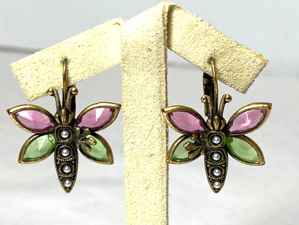 Gold Tone Pink Green Glass Bezel Set Butterfly Earrings Leverback Close 1.25″