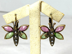 Gold Tone Pink Green Glass Bezel Set Butterfly Earrings Leverback Close 1.25″