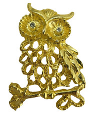 Vintage Rhinestone Owl Brooch Pin Bird Gold Tone