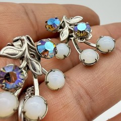 Vintage Spray Earrings Blue AB Rhinestone Opaline Glass Riveted Back Floral