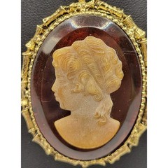 Vintage Left Facing Cameo Pendant Necklace Embossed Cable Chain Rootbeer Acrylic