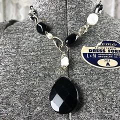 Vintage Black And White Beaded Necklace With Faceted Teardrop Pendant