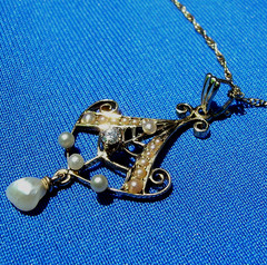 Original EARTH MINED DIAMOND Pearl ART Deco Pendant Medallion Necklaces 14K GOLD