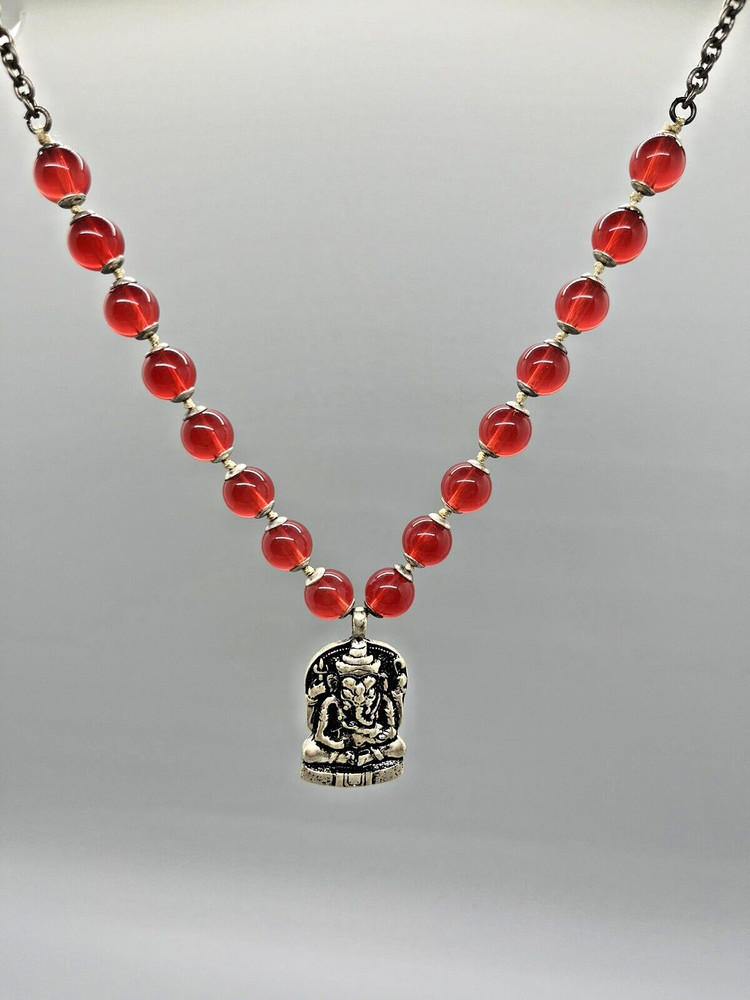Axcess (A Liz Claiborne Co) Vintage Ganesh Pendant Necklace w Red Beads