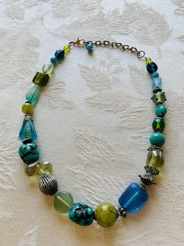 Art Glass Necklace Blue Green Mold Dichroic Glass Faux Acrylic Turquoise Bead 20