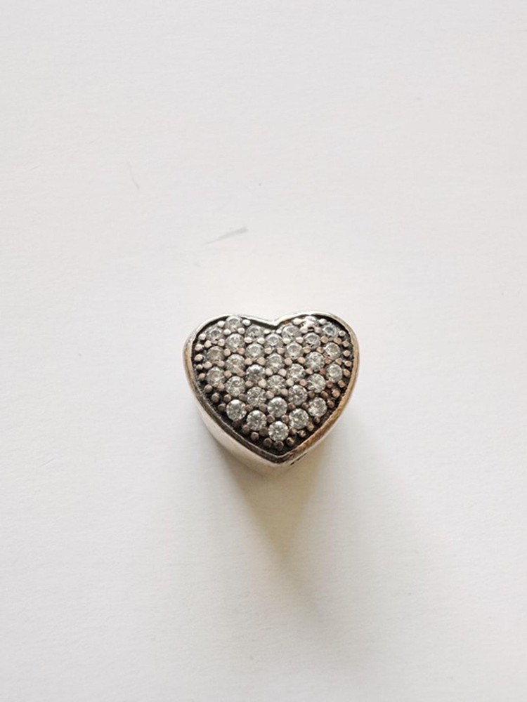 925 Sterling Silver Pave Heart Charm CZ Crystal Bead Fits 0.5”