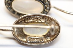 Vintage Sterling Silver 925 FAS Oval Mother Of Pearl Marcasite Earrings #236