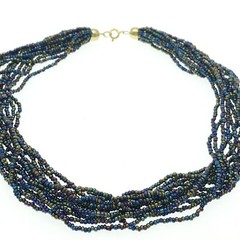 Vintage Peacock Iridescent Glass Seed Bead Multi Strand Choker Necklace 14”