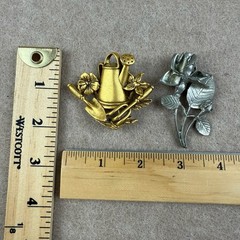 Vintage Brooch Pin Lot OMC Signed Gold Watering Can & Silver Rose 80s 90s