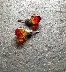 Unique Silver red Natural dyed Amber stud Earrings 2g