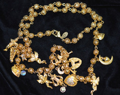 Kirks Folly Necklace 14 Charms HEARTS CHERUB ANGELS Gold tone AB Crystals Vtg