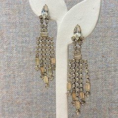 Vintage Rhinestone Clip On Earrings 3″ Drop 5 Strands Screw Back Old Money