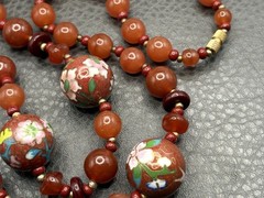 VTG Bird Butterfly Asian Cloisonne Carnelian Bead Hand Knotted Necklace 28”