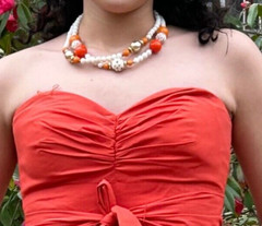 Vintage Double Strand Orange, White & Gold Beaded Necklace 17.5” Long