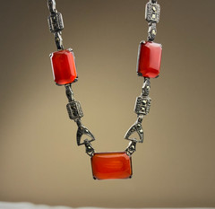 Antique Art Deco Carnelian Glass Sterling Silver & Rhinestones Necklace 16″