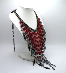 Vintage RJ Graziano red bead and gunmetal statement runway fringe necklace