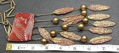 Vintage Lady Face Egyptian Revival Red Huge Waterfall Fringe Dangle Necklace 18”