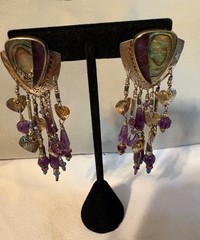 Vintage Tabra Earrings–Amethyst and Abalone–Sterling Silver and Gold