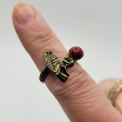 Southwestern Brass Bypass Ring Bird Flower Red Stone Dyed Howlite Size 6 3/4