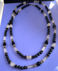 Vintage Dauplaise Black Jet Rhinestone Beads 39″ Opera Length Necklace