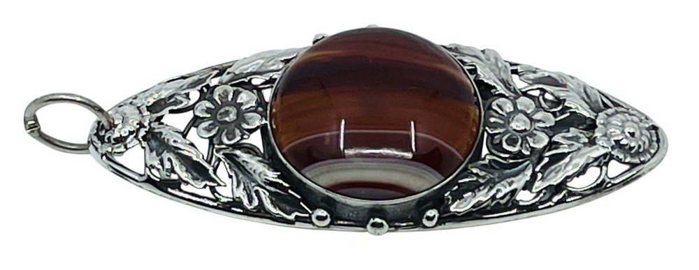 Antique Victorian Sterling Silver 925/1000 Banded Agate Flower Pendant 3” Long
