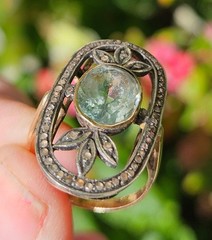 Antique Aquamarine And Rose Cut Diamond 18k And Silver Topped Ring.